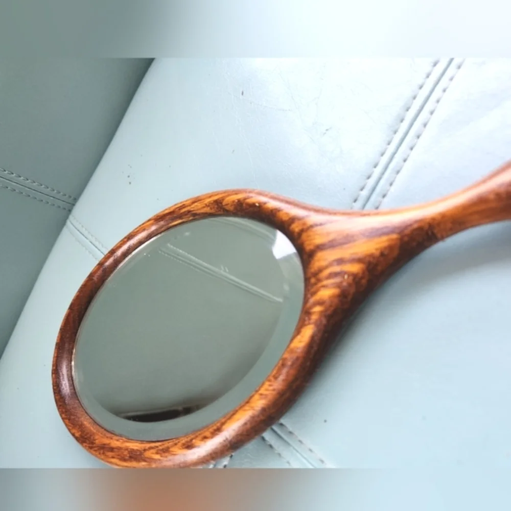 Prairie BEVELED Rich Brown Tiger Wood Oval Handle OOAK Carved Flower Hand Mirror